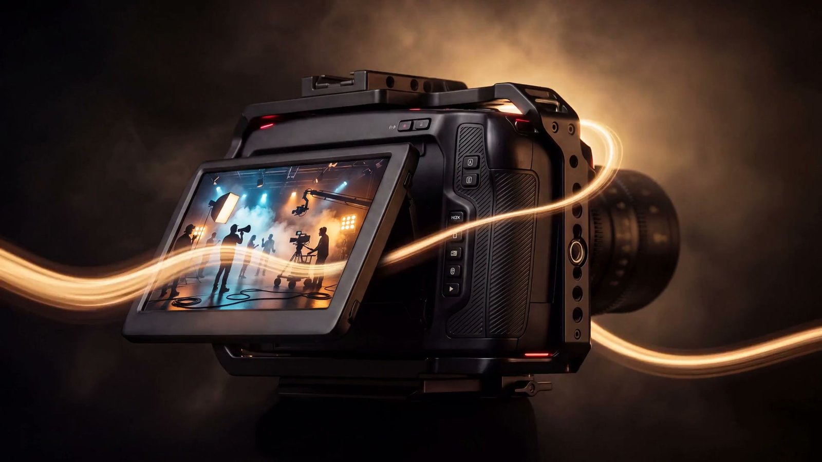 Cinematische Filmkamera mit Filmset im Kameradisplay